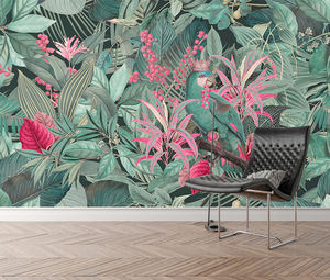 Tropikal orman papağan çiçek sanatsal fresk ev dekorasyon için <span class=keywords><strong>Vintage</strong></span> stil yeşil pembe botanik PVC duvar kağıdı - Product Image 2