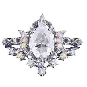 Teardrop Zirconia <b>Ring</b> With Moonstone Inlay Star And <b>Moon</b> Design For Women Everyday Wear Fine Jewelry - Product Image 5