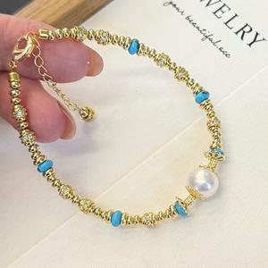Turquoise Starry Sky Freshwater <b>Pearl</b> <b>Bracelet</b> with Quartz Exquisite Retro Beaded Jewelry <b>for</b> <b>Women</b> European American Style - Product Image 2