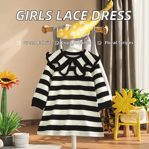 Girls' Lace Large Lapel Autumn Striped Cotton Knee-<b>Length</b> Long Sleeve <b>Skirt</b> Dress with Flowers Children's Clothing - Product Image 2