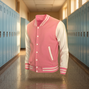 Blouson universitaire unisexe rose et blanc à blocs de couleur, style sportif, avec boutons-pression et poches, vente en gros, fournisseur de LOGO personnalisé 2026 - Product Image 3