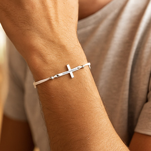 Stainless Steel Cross <b>Bracelet</b> Round Plate Accessory Customizable Text Adjustable <b>Rope</b> for Religious Beliefs Personalized Faith - Product Image 6