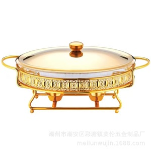 Stainless Steel Hot Pot Stove Gold Plated Heat Resistant Glass <b>Buffet</b> <b>Warmer</b> Circular Design For Restaurant Use - Product Image 2