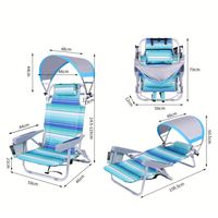 Chaise de plage avec auvent, chaise de camping avec auvent, chaise pliante portable rayée, chaise longue d'extérieur inclinable avec pare-soleil et coussin
