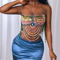 Guayue Chaîne de corps en alliage avec perles acryliques colorées, style soutien-gorge, chaîne de poitrine de luxe à dégradé, harnais à pampilles fait main, pour mariage, fête, festival