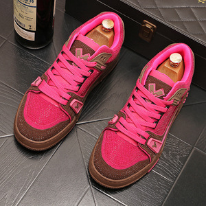 2026 New Designer Inspired Hot Pink Rhinestone Skate Sneakers, men's Luxury Brown Color <b>Block</b> Lace Up Street Casual Shoes - Product Image 4