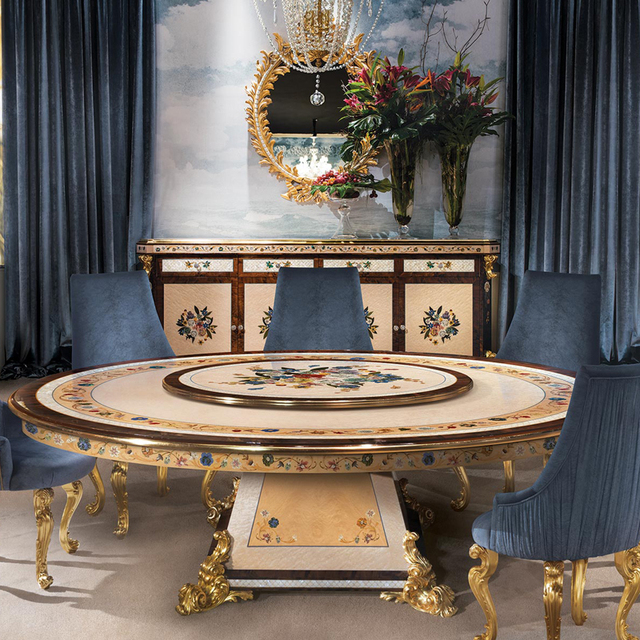High End Classic Style Antique Dining Table Set Solid Wood Dining Room Table with Fabric Dining Chairs