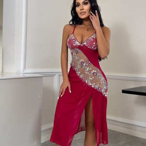 <span class=keywords><strong>Camicia</strong></span> <span class=keywords><strong>da</strong></span> <span class=keywords><strong>Notte</strong></span> Sexy con Ricami Floreali, Sottoveste in Rete con Apertura Laterale Irregolare, Eleganza Romantica in Pizzo Elastico per l'Estate - Product Image 3