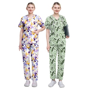 Fabricant impression numérique Scrubs haut et pantalon médecin confortable femmes vétérinaire <span class=keywords><strong>infirmière</strong></span> uniforme <span class=keywords><strong>coton</strong></span> à manches courtes <span class=keywords><strong>Blouse</strong></span> - Product Image 1