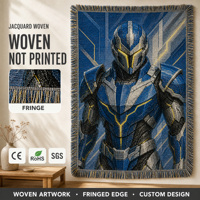 Tapis Jacquard Tissé Réversible Effet Armure Cyber-Méca Futuriste, Bleu Cobalt Argenté, en Coton à Franges, pour Poste de Jeu Gamer