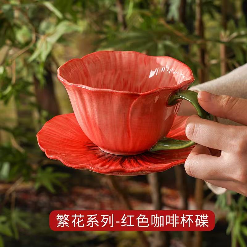 Flower coffee cup and saucer-red