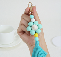 Porte-clés personnalisable en perles de silicone avec pompon, motif tournesol, vache, léopard, pendentif de sac en perles de silicone, pendentif de sac