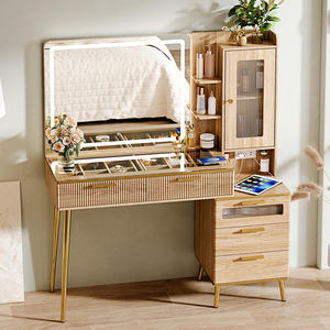 <span class=keywords><strong>Coiffeuse</strong></span> de 47 pouces avec <span class=keywords><strong>miroir</strong></span> rotatif et lumières <span class=keywords><strong>LED</strong></span>, table de maquillage avec tiroirs cachés, plateau en verre - Product Image 1