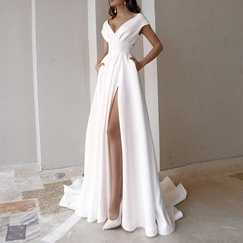 New Arrival 2023 Women White Sexy V-neck Evening Dresses Womens Tailed Party Dress Long Maxi Evening Dress