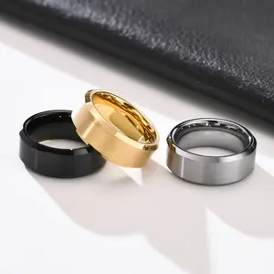 Poya Classic Simple Plain 8mm Matte Brushed Finish Beveled Edge Ip Gold Silver Black Pure Tungsten Ring