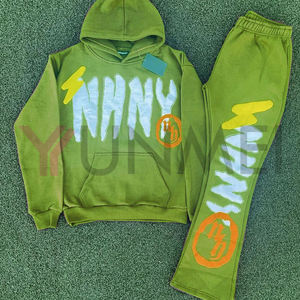 Custom logo Flared Sweat Pants and Hoodie Satin <strong>Lined</strong> <strong>Jogger</strong> Two Pieces Set Sweatsuits Oversized Cotton <strong>Fleece</strong> Tracksuit for <strong>Men</strong> - Product Image 3