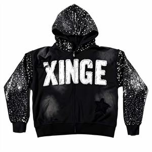 Hoodie à strass au design original OEM, nouvelle collection 2026, style streetwear, graphisme en strass, coupe ample et courte pour homme - Product Image 3