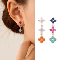Anting-anting gantung semanggi berdaun empat berlapis emas warna-warni perak sterling 925 SPJ Wholesale, anting-anting kancing semanggi keberuntungan untuk wanita