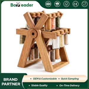 Wholesale Modern 360 Rotating Bamboo Spice Rack Ferris Wheel Design with 18 Glass Jars Kitchen Organizer Seasoning Storage Rack