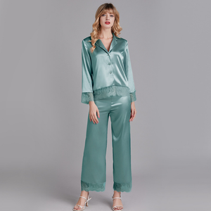 De manga larga de seda de alta calidad sólido pijamas de las mujeres conjunto de ropa de dormir Homewear noche trajes - Product Image 5