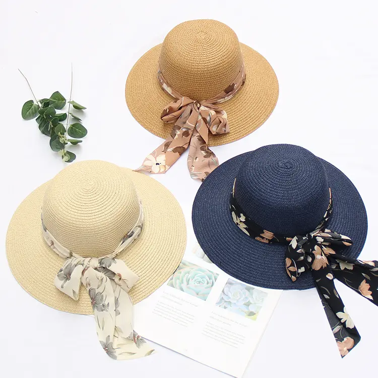 새로운 스 트리머 밀짚 모자 숙녀 여름 해변 휴가 비치 태양 모자 큰 테두리 여행 도매 자리 단색 밀짚 모자