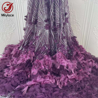 Tissu en dentelle de tulle à paillettes turquoise, broderie de plumes, applique 3D, vente en gros pour mariage