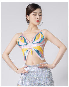 Top de Danza del Vientre para Mujer, de Poliéster, con Bordado de Mariposa, sin Espalda, Tipo Bandeau, con Velo Corto en los Hombros - Product Image 4