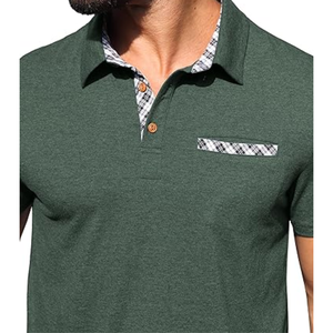 Men's Green Short Sleeve <b>Polo</b> <b>Shirt</b> <b>With</b> Chest <b>Pocket</b> Casual Knitted Cotton Breathable Solid Color Design Regular Fit - Product Image 2