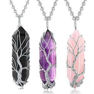 Wholesale Natural Hexagonal Prism Hand Winding Life Tree Crystal Hexagonal Column Necklace Fortune Tree Sweater Chain