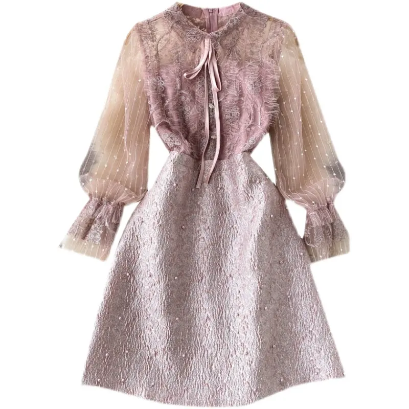 Оптовая продажа, роскошное французское кружевное платье в стиле ретро, Сетчатое платье с вышитыми бусинами для вечеринки, однобортное платье для социалитов