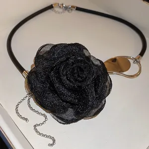 2024 New Arrival Black Mesh Fabric 3D Flower Necklace Choker Sweet Neckchain Big Boho Black Rose Flower Necklaces Wholesale