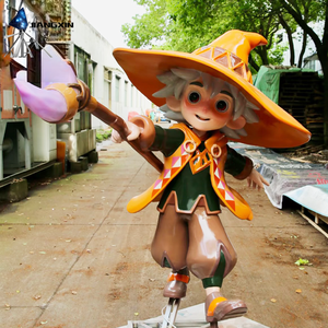 Cappello magico mago scultura-Stregone cartone animato in fibra di vetro con cappello a punta arancione e abito geometrico per parchi a tema/decorazione Fantasy - Product Image 1