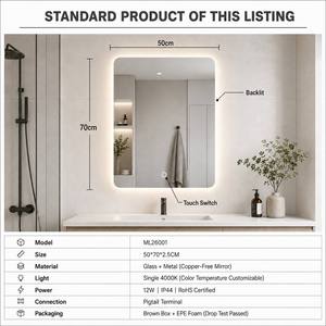 Modern 50x70cm Rectangle LED Illuminated Hotel <strong>Bathroom</strong> <strong>Mirror</strong> Backlit Dimmable <strong>Wall</strong> Mounted Smart 6500K Cool White 12W IP44 - Product Image 2