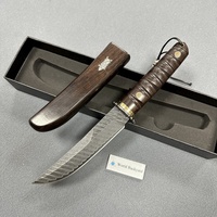 Superbe couteau tactique droit avec fourreau en bois, couteau de chasse en acier Damas, couteau japonais à lame fixe avec rivets mosaïques et manche en ébène
