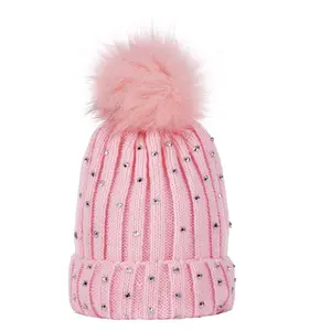 Mùa đông ấm Hairball hat trẻ sơ sinh bé handmade sọc Rhinestone skullies Beanie với lông bóng