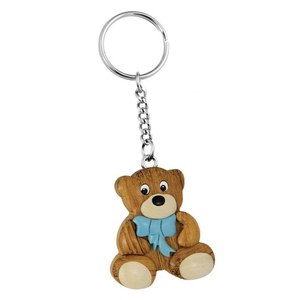 Portachiavi in legno a forma di orsetto mini con fiocco blu, design carino da orsetto per bambini e adulti - Product Image 1