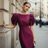 ZYHT 50159 Nouvelle Robe Midi Décontractée à Manches Courtes Bouffantes d'Été, Robe de Soirée Satin Violette Élégante Droite pour Femme