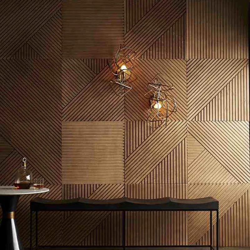 Panel de pared de madera maciza 3D sándwich estereoscópico de diseño Popular paneles de madera de revestimiento negro 400*400*18mm para cubierta de pared Interior