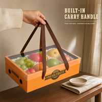 Panier-cadeau en carton ondulé avec poignée de transport et fenêtre transparente, en papier rigide, pour l'emballage de fruits et légumes frais