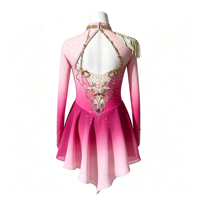 Costume de patinage artistique rose et magenta dégradé, robe en maille à manches longues avec strass pour filles adultes, compétition et performance