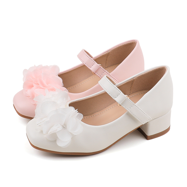 Wholesale price 2026 New Girls Mary Jane Shoes Floral Applique Pink White Low Block Heel For Party Wedding Formal Occasions