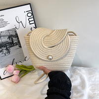 Sac bandoulière tressé pour femme avec boucle perlée, petit sac à main en paille, sac d'été décontracté, vente en gros