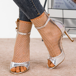 Sandales à talons hauts pour femmes, nouvelle collection, talon fin, semelle en caoutchouc, fermeture éclair arrière, en PU et maille, ornées de strass, offre spéciale - Product Image 2
