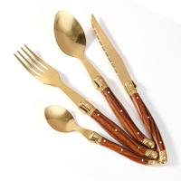 Service de table Laguiole rétro de luxe, style américain, en acier inoxydable, incrustation dorée, passe au lave-vaisselle, couteau à steak, fourchette, cuillère à soupe