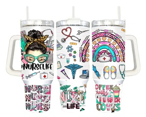 Vaso IND de dibujos animados personalizado con aislamiento portátil de 40 oz del Día de las enfermeras de estilo americano con mango y pajita - Product Image 2