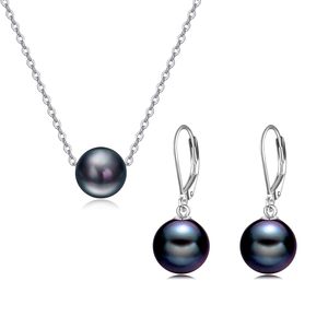 Collar de Plata de Ley 925 con perlas negras, pendientes de gota de Aro para mujer, conjunto de joyas de perlas - Product Image 1