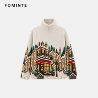 Veste d'hiver chaude pour femme en polaire jacquard teint en fil, motif Village des Neiges de Noël, avec logo personnalisé, design de luxe, OEM/ODM