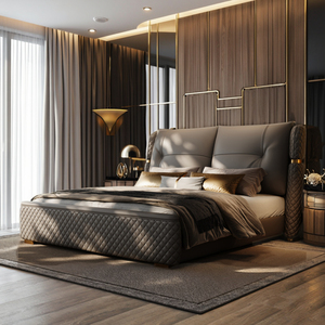 <span class=keywords><strong>Lit</strong></span> double King Size en cuir véritable <span class=keywords><strong>gris</strong></span> personnalisé avec dossier souple rembourré à la main avec cadre en bois design moderne - Product Image 4