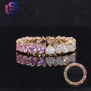 Heart Shape 14k Solid Gold White Moissanite and Sakura Pink Sapphire Diamond Eternity Wedding Ring