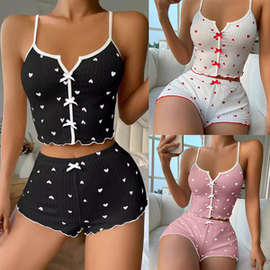 Sexy Heart Print <b>Pajama</b> <b>Set</b> for Women Sleepwear Silk Stain V-Neck Sleeveless Casual Cami Top and Shorts <b>Sets</b> Loungewear - Product Image 5
